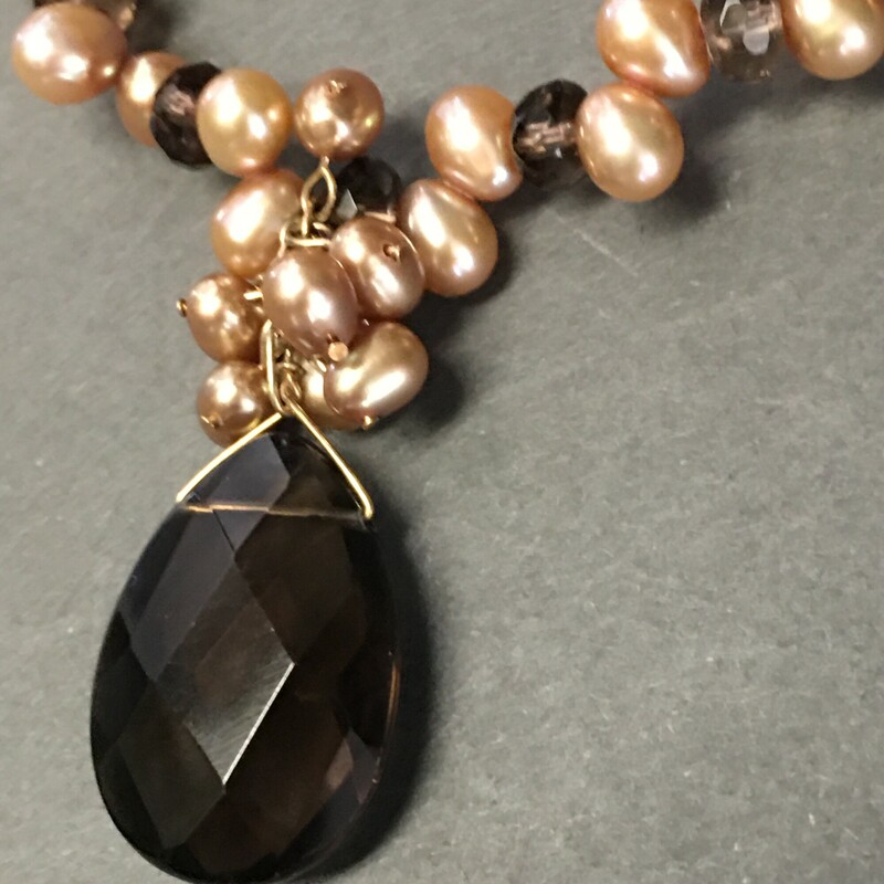 Smokey Quartz Pearls, Taupe, Size: Necklace<br />
 Necklace. Smokey quartz pendant and<br />
beads, taupe pale pink colored seed Pearls, 14K clasp. $69.00<br />
Hnadmade by Eileen Settle