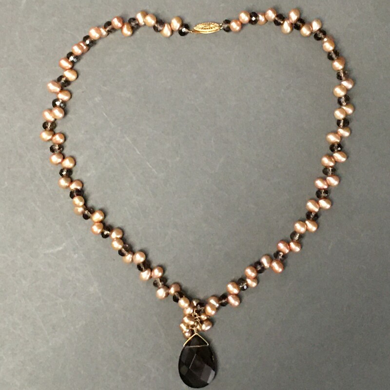 Smokey Quartz Pearls, Taupe, Size: Necklace<br />
 Necklace. Smokey quartz pendant and<br />
beads, taupe pale pink colored seed Pearls, 14K clasp. $69.00<br />
Hnadmade by Eileen Settle