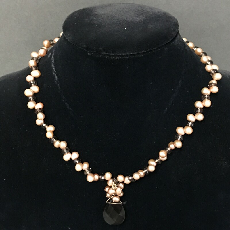 Smokey Quartz Pearls, Taupe, Size: Necklace
 Necklace. Smokey quartz pendant and
beads, taupe pale pink colored seed Pearls, 14K clasp. $69.00
Hnadmade by Eileen Settle