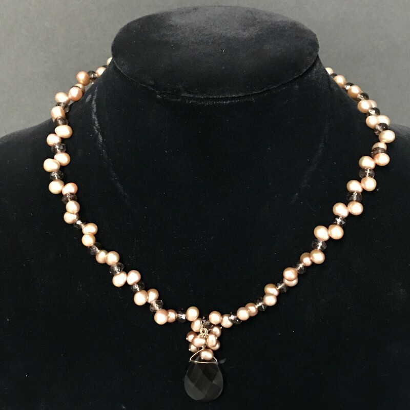 Smokey Quartz Pearls, Taupe, Size: Necklace<br />
 Necklace. Smokey quartz pendant and<br />
beads, taupe pale pink colored seed Pearls, 14K clasp. $69.00<br />
Hnadmade by Eileen Settle