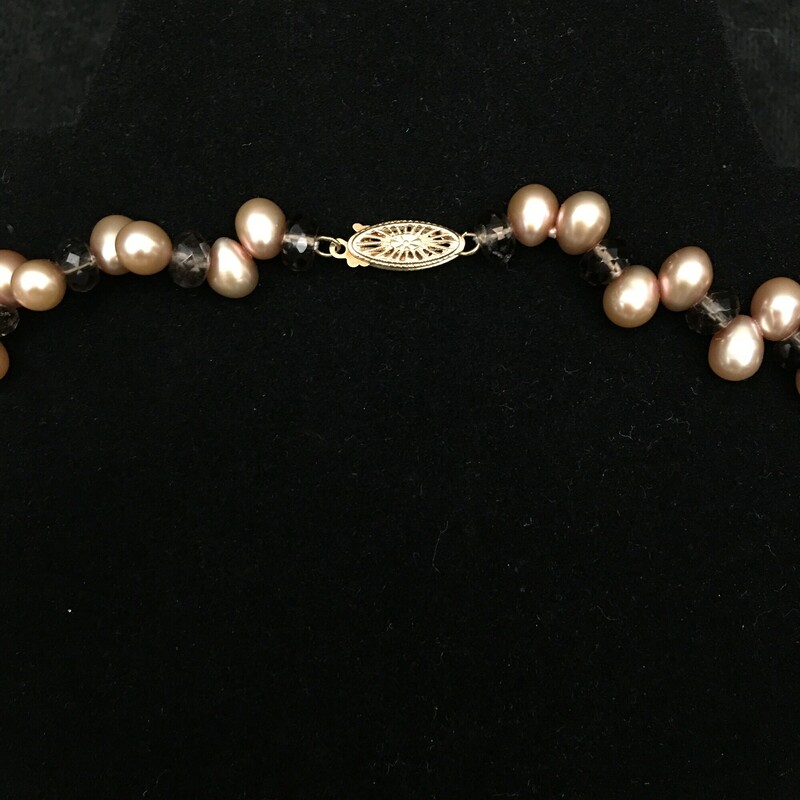 Smokey Quartz Pearls, Taupe, Size: Necklace
 Necklace. Smokey quartz pendant and
beads, taupe pale pink colored seed Pearls, 14K clasp. $69.00
Hnadmade by Eileen Settle