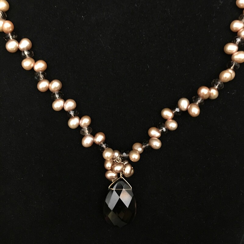 Smokey Quartz Pearls, Taupe, Size: Necklace<br />
 Necklace. Smokey quartz pendant and<br />
beads, taupe pale pink colored seed Pearls, 14K clasp. $69.00<br />
Hnadmade by Eileen Settle