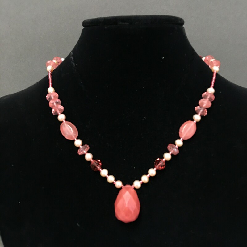 Padparadscha Glass, Multi, Size: Necklace<br />
Necklace 18\" Padparadscha glass<br />
pendant, cultured pearls, Swarovski<br />
crystals, glass beads. $45.00<br />
Handmade by Eileen Settle