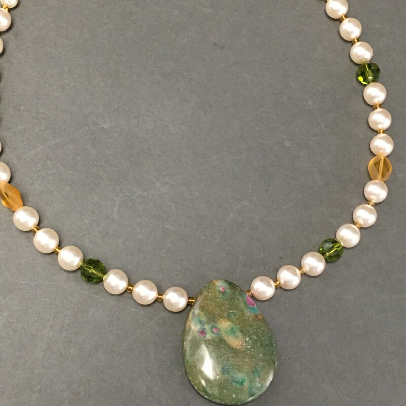 Zoisite Ruby Pearls, Multi, Size: Necklace
Necklace 18\"
Zoisite Ruby pendant, Pearls, Swarovski
Olivine crystals and yellow glass beads.
$45.00
Handmade by Eileen Settle