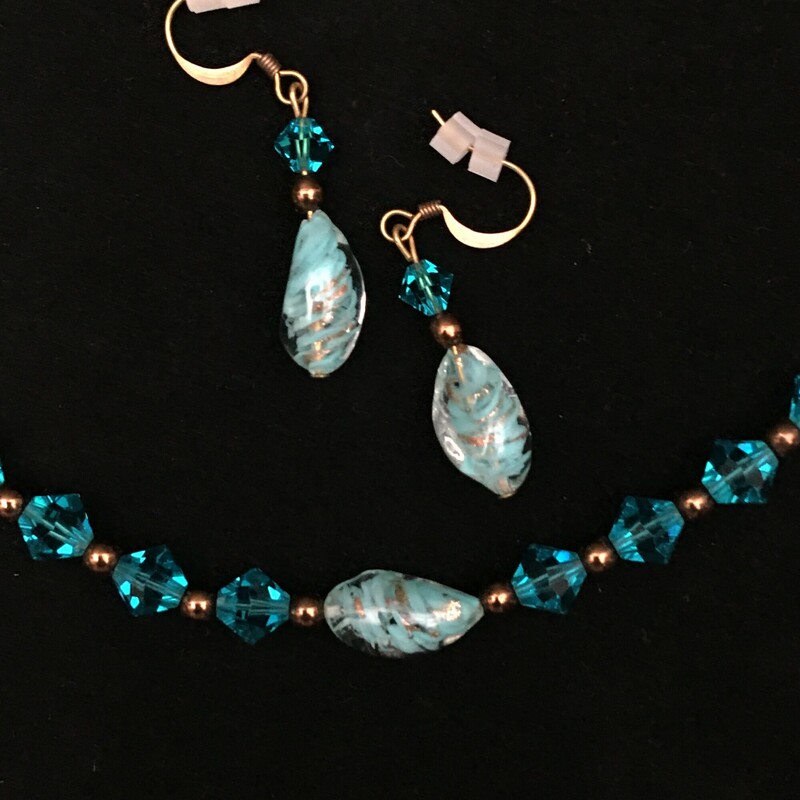 Swarovski Corning Glass, Aqua, Size: Sets<br />
earrings nad necklace, Swarovski crystal and Corning blown glass beads, sold as set.<br />
Handmade by Eileen Settle