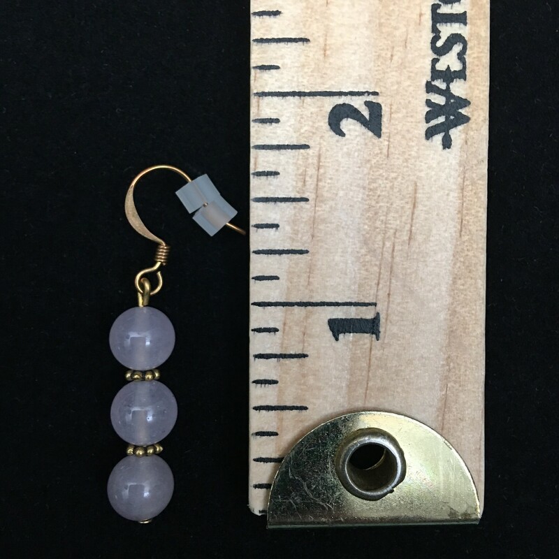 .Necklace 18\"-20\", Drop pierced earrings<br />
Lavender fluorite, Charoite stones, gold<br />
metal spacers. Sold as set $ $49.00<br />
Handmade by Eileen Settle