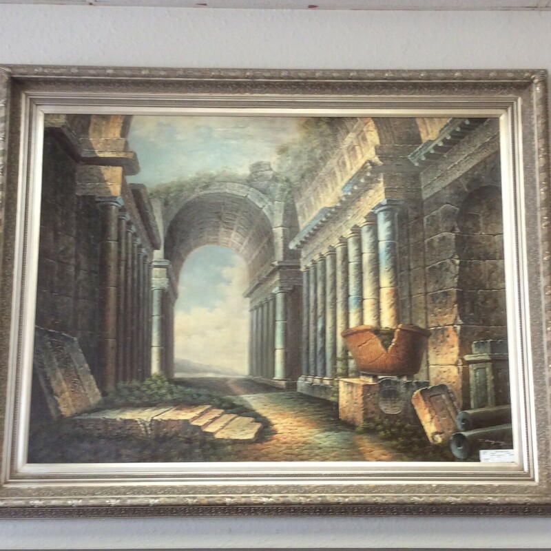 This is a beautiful, large, Oil on canvas painting with a aged silver frame. This painting is also signed by the artist.