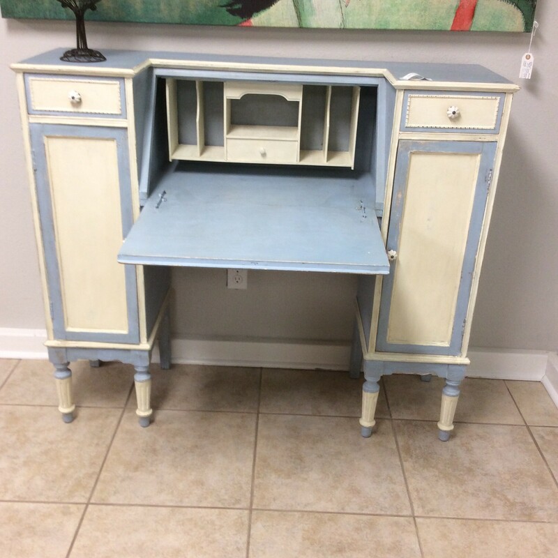Antique Secretary Desk has a distressed, blue and white painted finish.