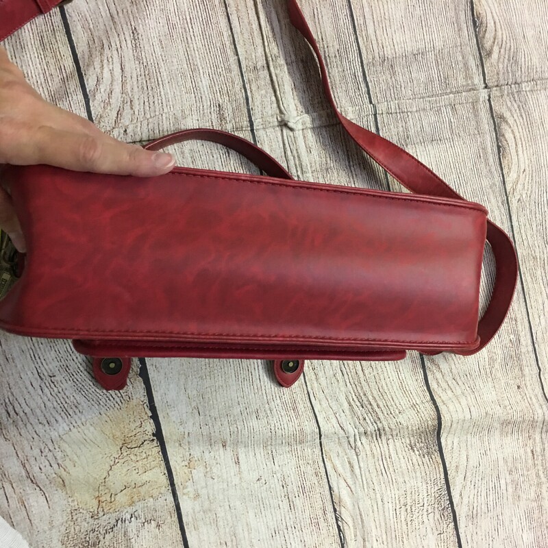 Purse As Is, Red, has a blue plaid insert on front, flap with snap closure on front, adjustable strap, zipper inside, lots of pockets inside purse