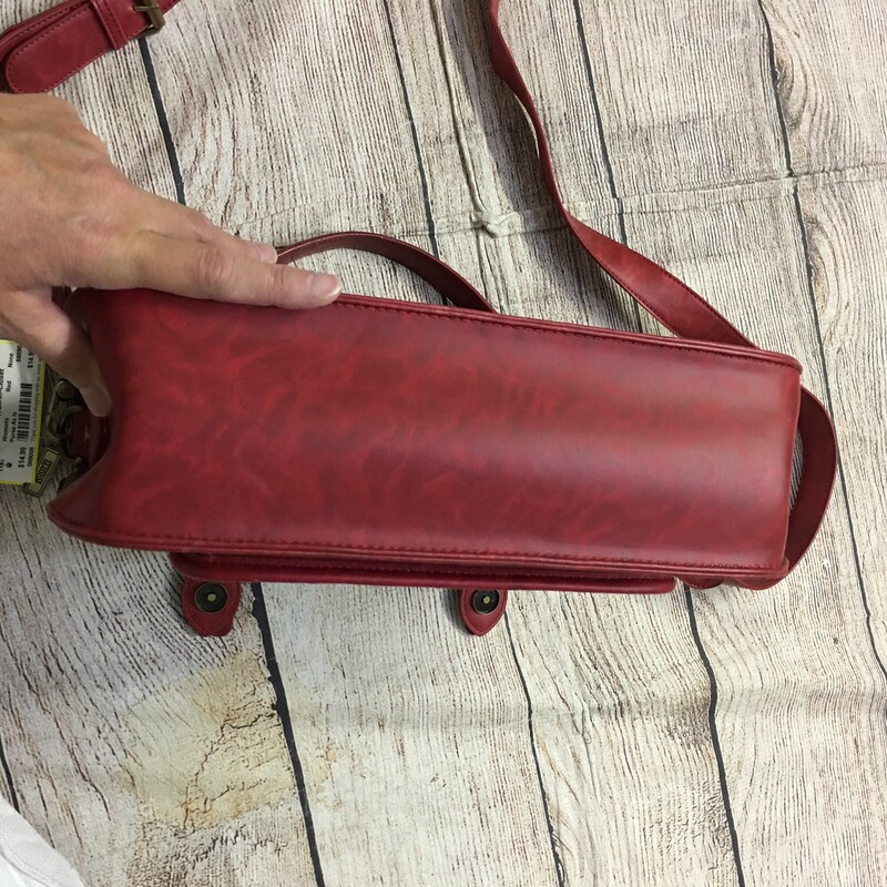 Purse As Is, Red, has a blue plaid insert on front, flap with snap closure on front, adjustable strap, zipper inside, lots of pockets inside purse