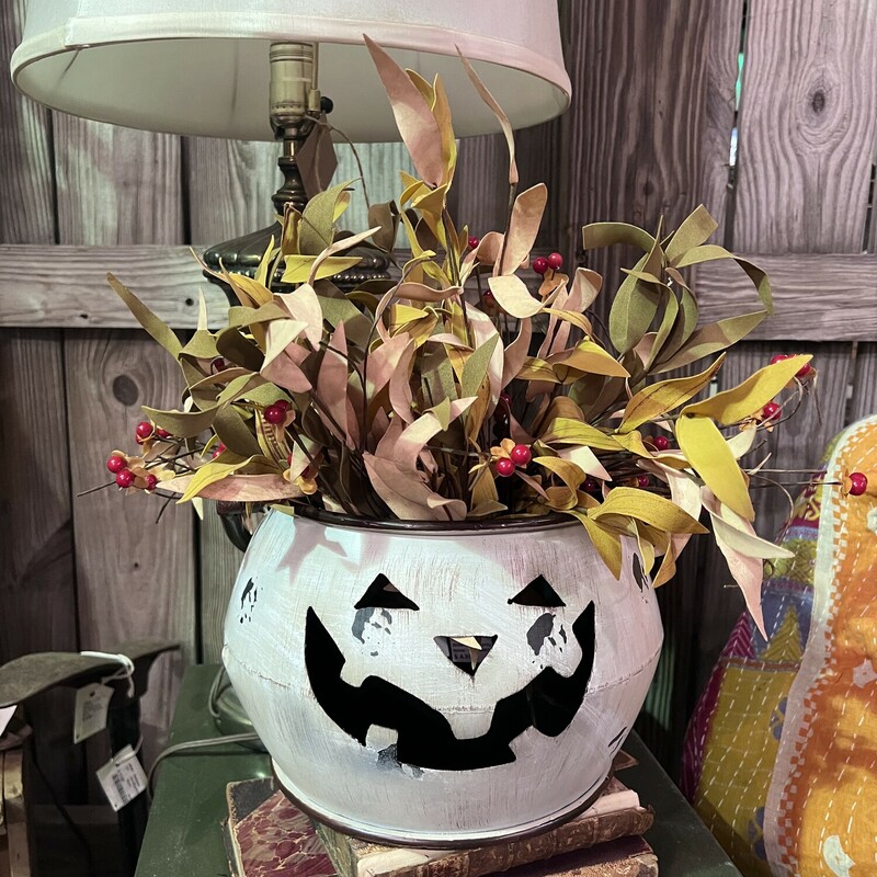This adorable all metal pumpkin bucket will surely add a bit of fun to your fall display.  Bucket comes with a lid and its cute cut out face ads a touch of wimsy and is  perfect for adding a candle too, fall florals or just sitting with the rest off your fall decor
The large pumpkin is 9 inches tall by  14 and a half inches wide
Small version is available online as well