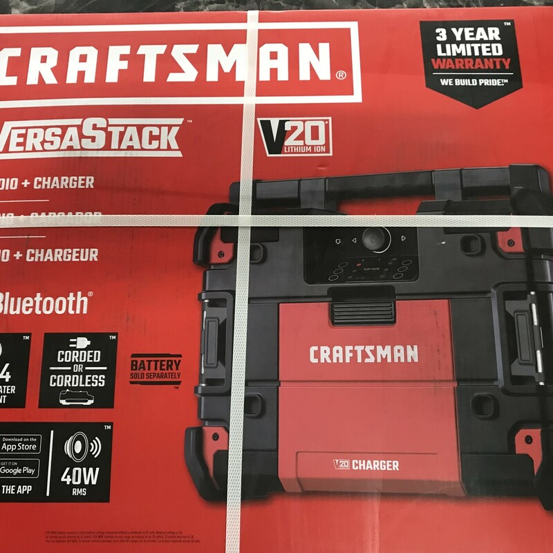 Cordless Radio Charger, Craftsman Versastack V20 Cordless Radio Charger


NEW SEALED BOX

VERSASTACK™ Radio + Charger provides premium sound with a bass resonator and Bluetooth® connectivity. A convenient phone storage compartment protects your device with an additional convenience feature of a fast USB charging outlet and Aux audio output. This unit runs on and charges V20 CRAFTSMAN® batteries. Stack it with all other VERSASTACK™ boxes in your system.
HIGH QUALITY SOUND: Superb sound with 4 full-range speakers + 1 active subwoofer + 1 assisted bass resonator for loud, high-quality sound - 40W RMS

EXEPTIONAL USER EXPERIENCE: Full-Color flip-screen + Touch-sensitive buttons

MOBILE APP: Full remote control and operation

WATER and DUST RESISTANT: IP54 rating for weather and dust resistance

ADDED CONVENIENCE: Fast USB charging outlet and AUX port

BLUETOOTH CONNECTIVITY: Cordless streaming of music and audio content from your mobile device

STORAGE: Large compartment featuring single-hand operation to safely store your phone

COMPATIBILITY: Cordless operation and charger functionality works with and charges all CRAFTSMAN V20 Batteries

The Bluetooth word mark and logos are registered trademarks owned by Bluetooth SIG, Inc. and any use of such marks by CRAFTSMAN is under license