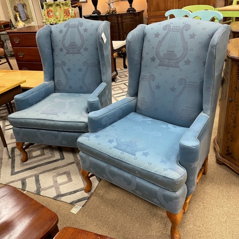 Blue Wingback Chairs, Pair, Size: 29x29 (Fabric has quite a bit of fading - see photos)