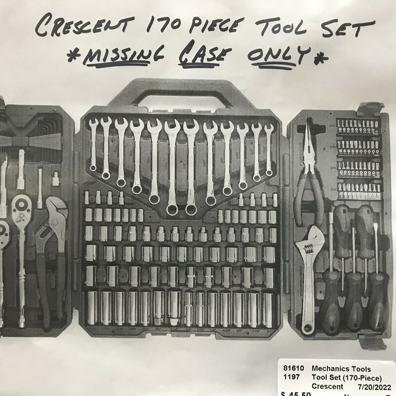 Tool Set (170-Piece), Crescent Mechanics Tool Set

NOTE:  This Set Is Complete But Does Not Have A Case

Adjustable Wrench,Combination Wrench,Individual Screwdrivers,Long Nose Pliers,Multi-Bit Screwdriver,Ratchet,Screwdriving Bits,Socket Adapter,Socket Extender,Sockets