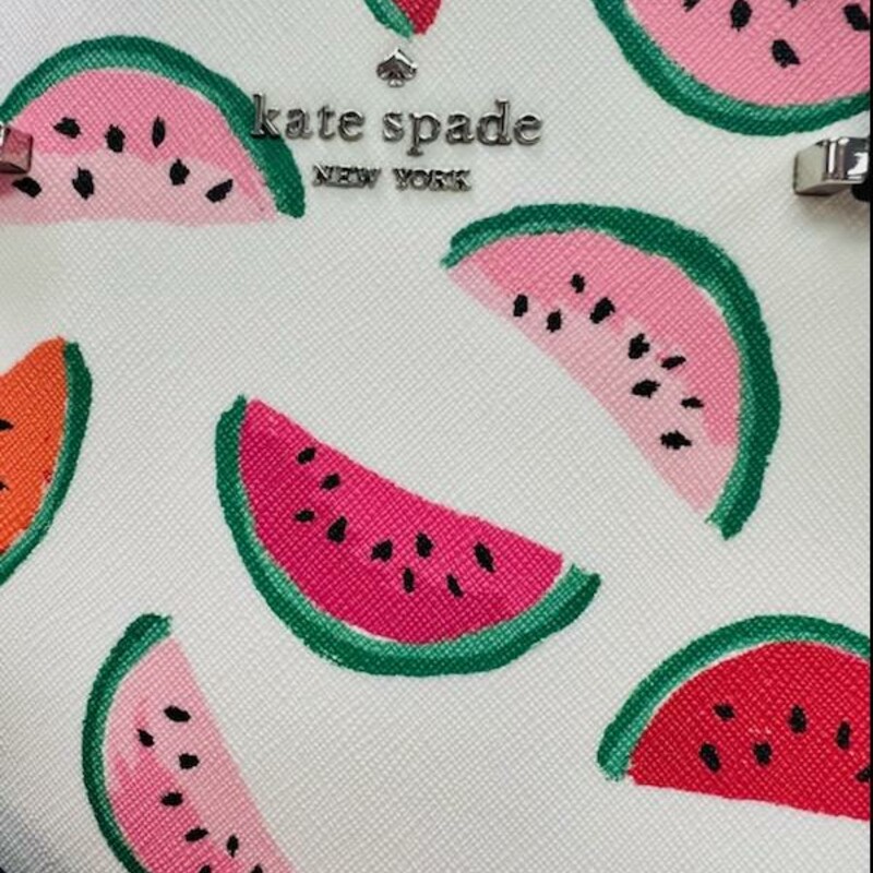 KATE SPADE<br />
Kate Spade Watermelon Satchel/crossbody<br />
Perfect for summer ?? this is a beautiful Kate Spade Watermelon dome satchel with a white base color and fresh watermelon design.<br />
9\"H x 11.5\"W x 5\"D<br />
handle drop: 5\"<br />
drop length: 22\"<br />
saffiano pvc<br />
metal pinmount logo<br />
satchel with top zip closure<br />
interior front slip & zip pocket<br />
Original Retail Price:  $299.99<br />
In like new condition, no marks or flaws
