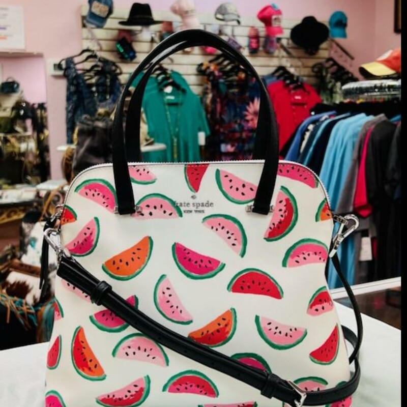 KATE SPADE
Kate Spade Watermelon Satchel/crossbody
Perfect for summer ?? this is a beautiful Kate Spade Watermelon dome satchel with a white base color and fresh watermelon design.
9\"H x 11.5\"W x 5\"D
handle drop: 5\"
drop length: 22\"
saffiano pvc
metal pinmount logo
satchel with top zip closure
interior front slip & zip pocket
Original Retail Price:  $299.99
In like new condition, no marks or flaws