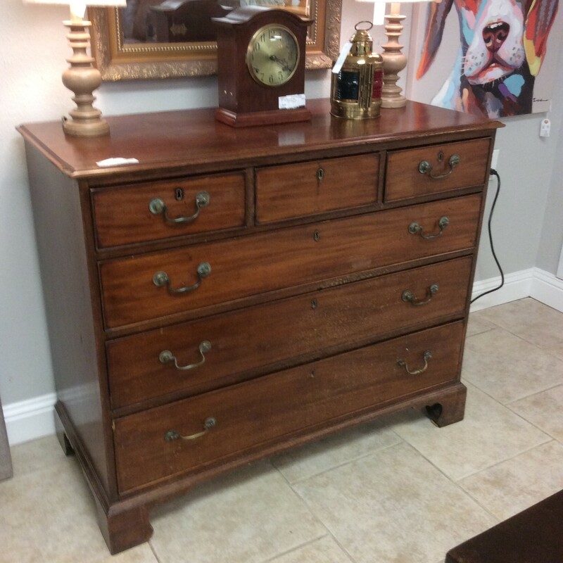 This is a beautiful Antique Cherry wood Dresser. This dresser has 3 small drawers in a row on the top and 3 large drawers. These drawers each have a lock and key.