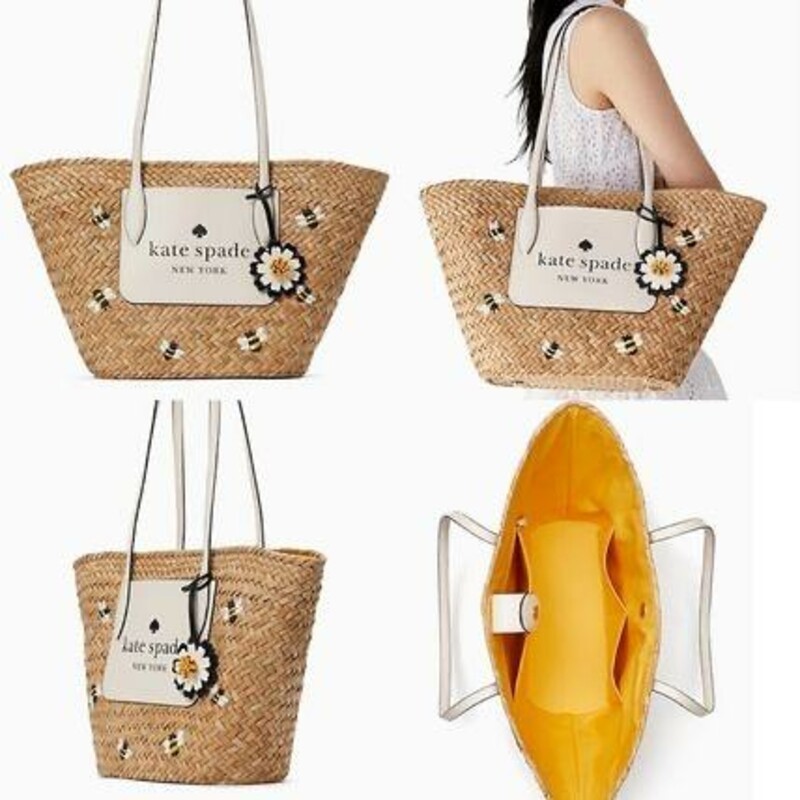 KATE SPADE
Kate spade purse honey bee straw tote shoulder bag
DETAILS
11.81\"h x 20.44\"w x 7.31\"d
handle drop: 11\"
straw
trim: smooth leather
printed logo
fabric lining
drop in top zip closure
Original retail Price:  $459.00 - Currently available on-line at Kate Spade for the 459.00 amount.  This bag is from Spring of 2022.
It is Adorable!