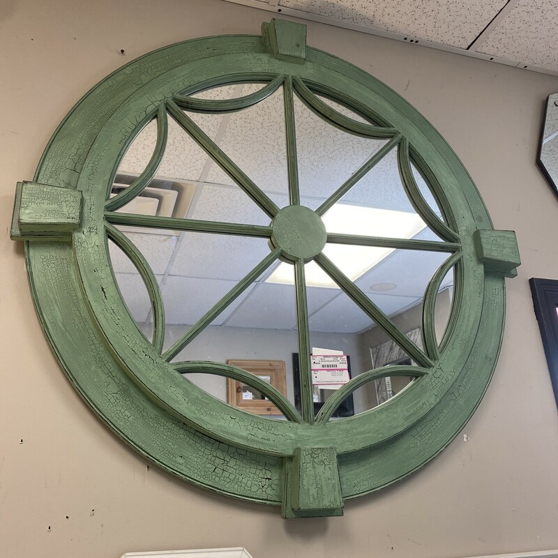 Stement Round Wood Mirror, Green, Size: 45 Inch Diameter
