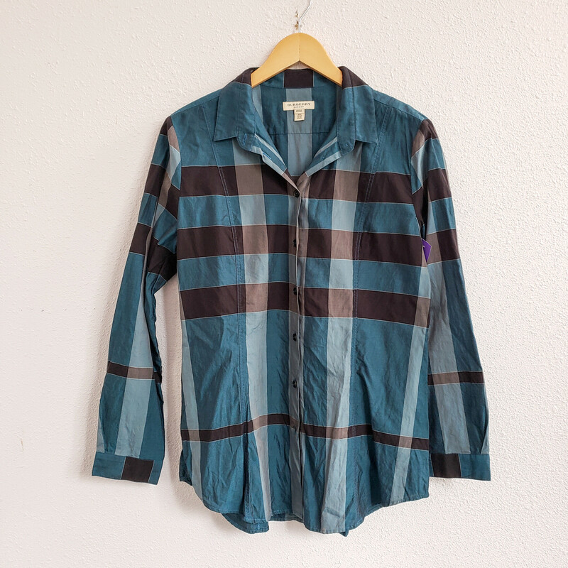 Burberry London,
Turquoise and black plaid
Size: 12