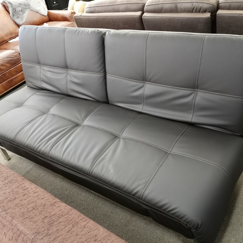 Futon W Power Outlets
Features:

    Material: Bonded leather
    Kiln dried solid hardwood
    Stainless-steel frame and legs
    High density, pillow-top design
    Two 120V power outlets and two USB ports
    Patented finger guard safety mechanism

Dimensions:

    Sofa Position: 79.4 L x 38.9 W x 37.7 H
    Bed Position: 79.4 L x 49.2 W x 19.6 H
    Seat depth: 22.0
    Seat height: 19.7
    Weight: 130.9 lbs