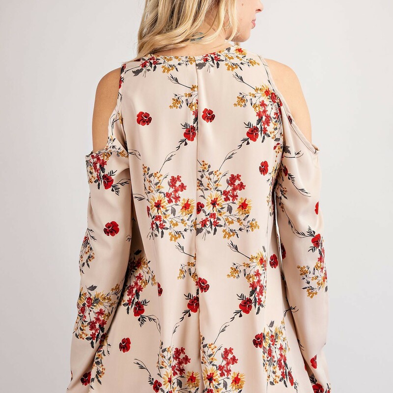 Floral Print<br />
Woven Top<br />
Features a Cold Shoulder<br />
And V-Neckline with Lace-Up<br />
Made in the U.S.A