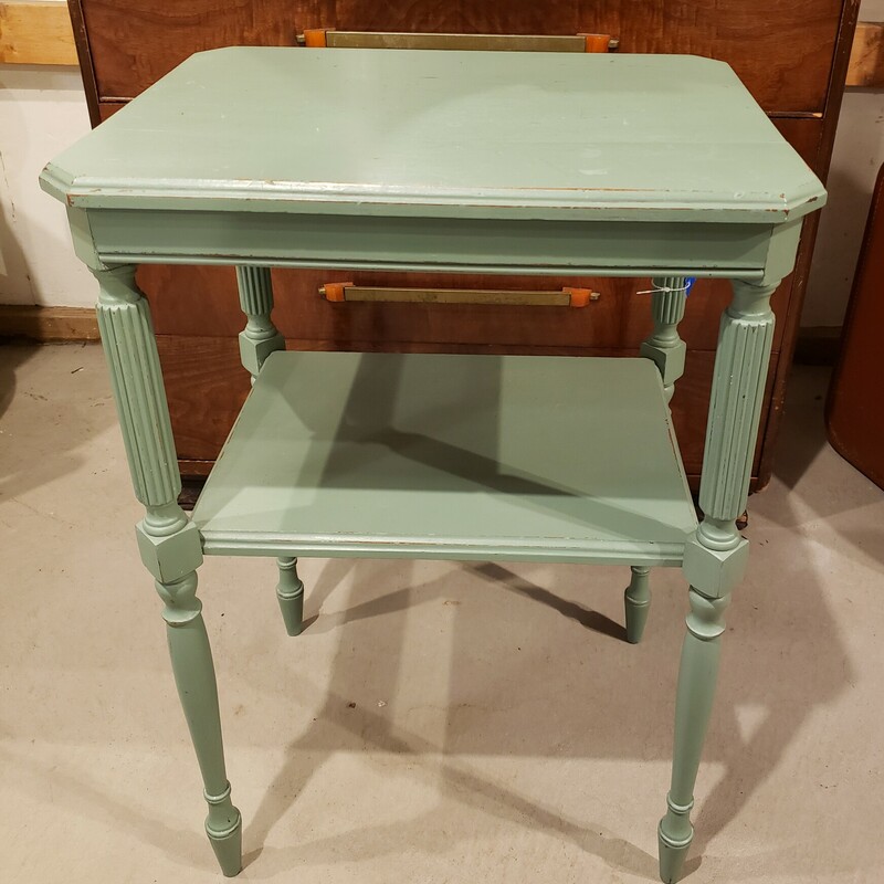 Vintage Accent Table, Green/Blue paint. In good conditon, with some wear for its age. Size: 26x18x14