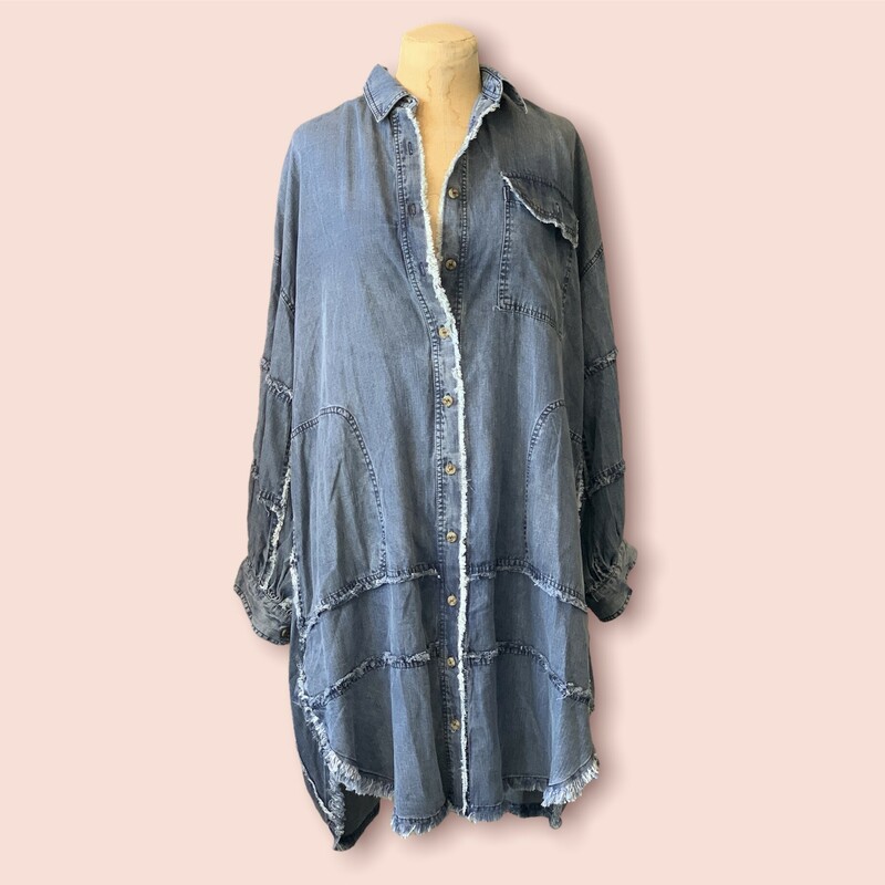This beautiful denim dress is made of a soft fabric and has frayed hems all over. This dress has such a fun and unique look!