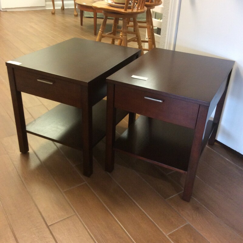 This pair of Ethan Allen contemporary end tables are done in a dark cherry finish with brushed nickel hardware.