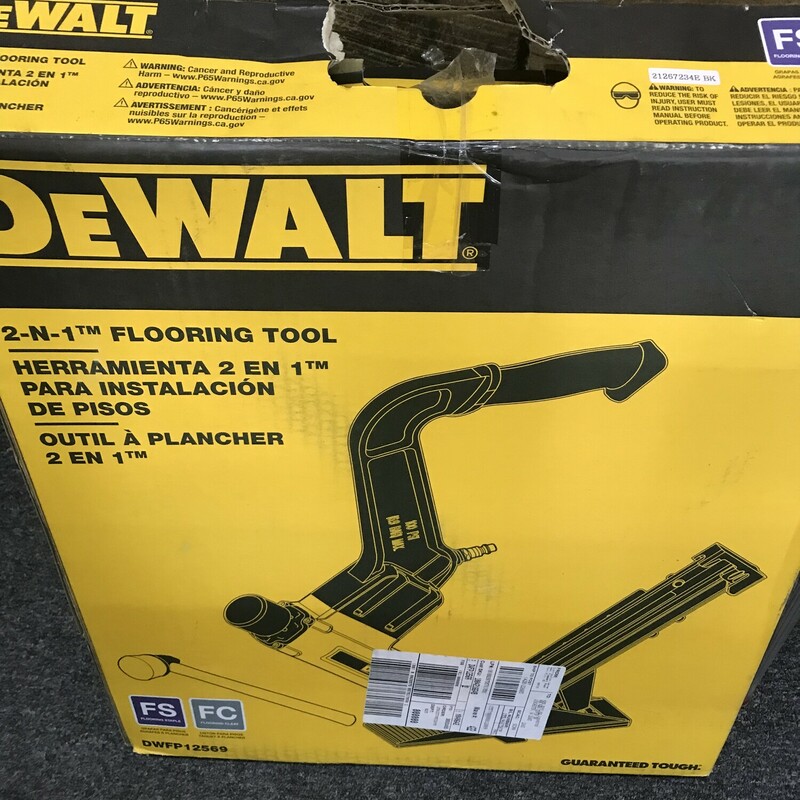 Flooring Nailer, DeWalt
2-in-1 Pneumatic 15.5-Gauge and 16-Gauge Flooring Tool

The DEWALT 2-in-1 Pneumatic Flooring Tool drives 15.5-Gauge staples and 16-Gauge \"L\" cleat nails from 1-1/2 in. to 2 in. length. This tool features mallet actuated pneumatic driving action. This tool is backed by a DEWALT 3-year limited warranty for added peace of mind.
Non-marring, interchangeable base plates for 1/2 in. (12.7 mm) through 3/4 in. (19.1 mm) flooring
Includes mallet, oil, wrenches, 1/4 in. (6.4 mm) air fitting with dust cover
Ergonomically designed with a longer handle and comfortable rubber grip
Lightweight at 10.85 lbs.
Lower CFM requirements at 3.7 SCFM
100 fastener magazine capacity
70-100 PSI operating pressure