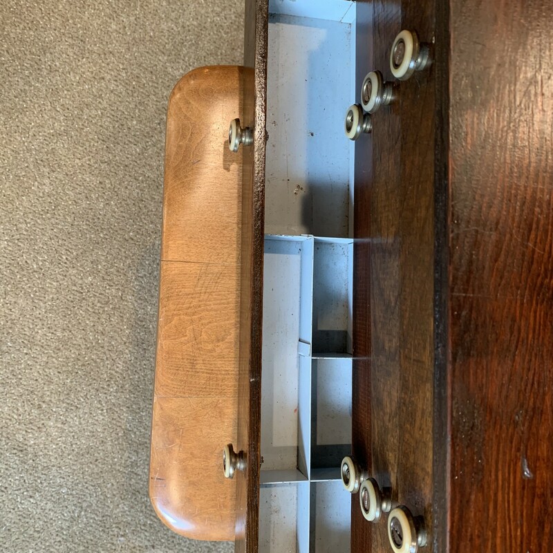 Wooden Lure Box
Size: 17x8x8
Vintage wooden lure box with four drawers.  Each drawer has metal inserts to help organize your lures.  Truly a unique piece! Please note in the pictures it is sitting on a table - it does not have legs.