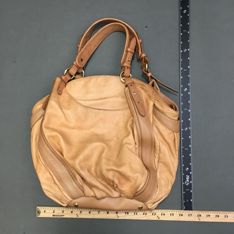 Sondra Roberts Large Hobo, Natural, Size: Large Beautiful bag, very soft camel natural leather, lots of pockets, very roomy, there is some wear showing light stains on bag, and leather discolored, there is a single strap damage,  see photos. Interior is very clean.<br />
2lbs 12.1 oz
