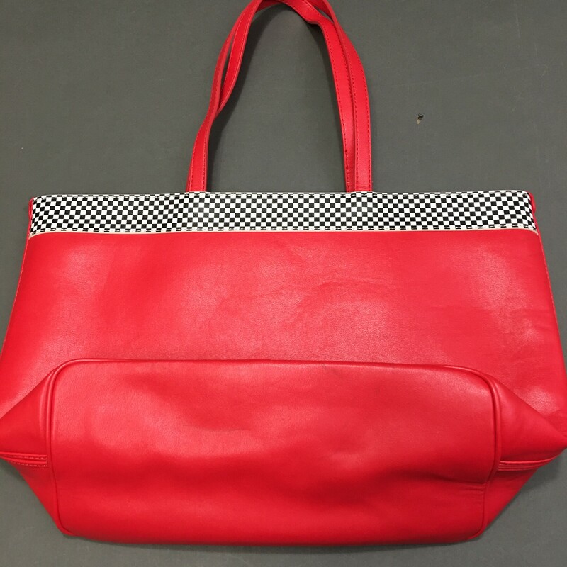 Love Moschino, Red and b/w checkered Large leather tote. Tomato red and black and white check pattern detail. Zip top closure, Size: Large tote with detatchable snap purse, great condition, lining very clean - there is gentle wear on bottom of bag - see photo. Comes with original dust bag.<br />
1 lb 15.3 oz