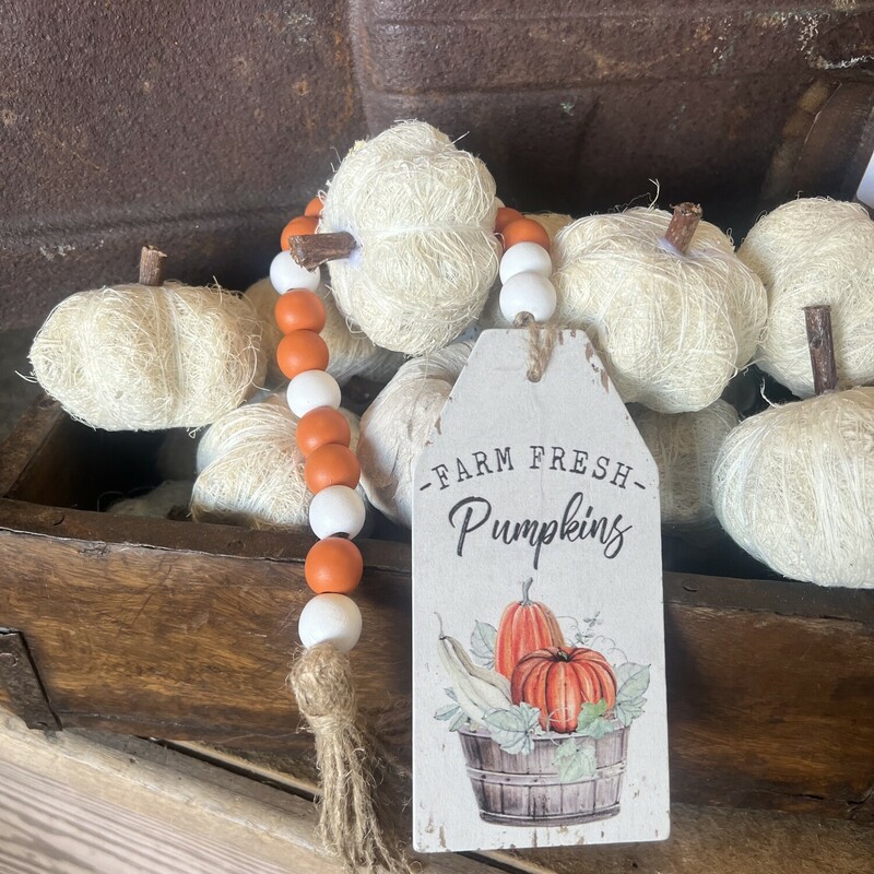 These Farm Fresh Pumpkin Beads will add a festive touch to your fall decor.  Drape these beads in your dough bowl, tabletop, shelf or tree during the fall season.
Measures 19 inches long and 2 and half inches wide(tag)