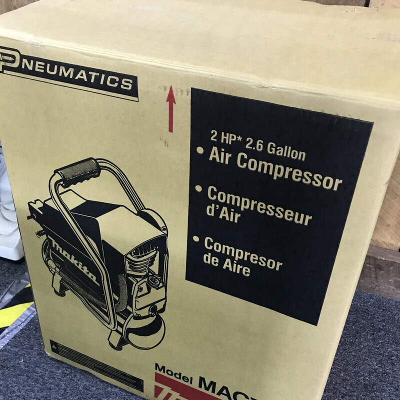 Air Compressor, Makita,2.6 Gal. 2 HP Portable Electrical Hot Dog Air Compressor<br />
<br />
NEW IN BOX<br />
<br />
Makita 2.0 HP Air Compressor (MAC700) is equipped with Makita Big Bore engineered pump cylinder and piston for higher output, less noise and improved jobsite performance. The MAC700 delivers industrial power and results with improved durability for tough job site conditions. The MAC700 is powered by a 2.0 HP motor. The Makita Big Bore engineered pump with cast iron cylinder has greater bore and stroke for increased compression, faster recovery and less noise.<br />
Low noise, low amp draw and high output<br />
Cast iron pump with big bore cylinder and piston is engineered to provide faster recovery time for improved performance<br />
Powerful 2 HP 4-pole motor produces 3.3 CFM at 90 psi for increased productivity<br />
Pump runs at lower RPM (1,730) resulting in lower noise (80 dB) and improved pump durability<br />
Low amperage draw reduces incidences of tripped breakers at start-up<br />
Pump is oil-lubricated for cooler running temperatures and reduced wear<br />
Roll-bar handle for portability and additional protection<br />
Large automotive style industrial air filter for increased air intake and greater efficiency<br />
Durable cast iron cylinder reduces wear and increases pump life, removable for easy maintenance<br />
Oil sight glass for fast, easy and efficient maintenance<br />
Lever handle ball valve - tank drain valve improves upon standard petcock design for easier maintenance<br />
Built-in thermal overload for additional motor protection