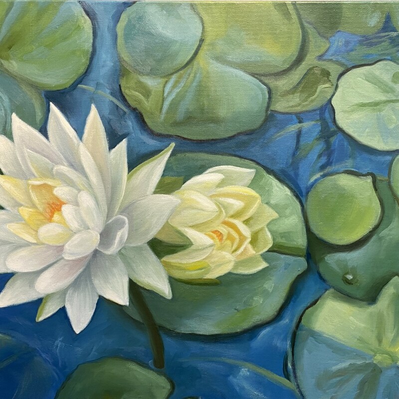 Floating On Blue Water, Oil, 18 x  24, $475
Kay Hofler
This water lily is floating on blue water which reflects the evening sky.