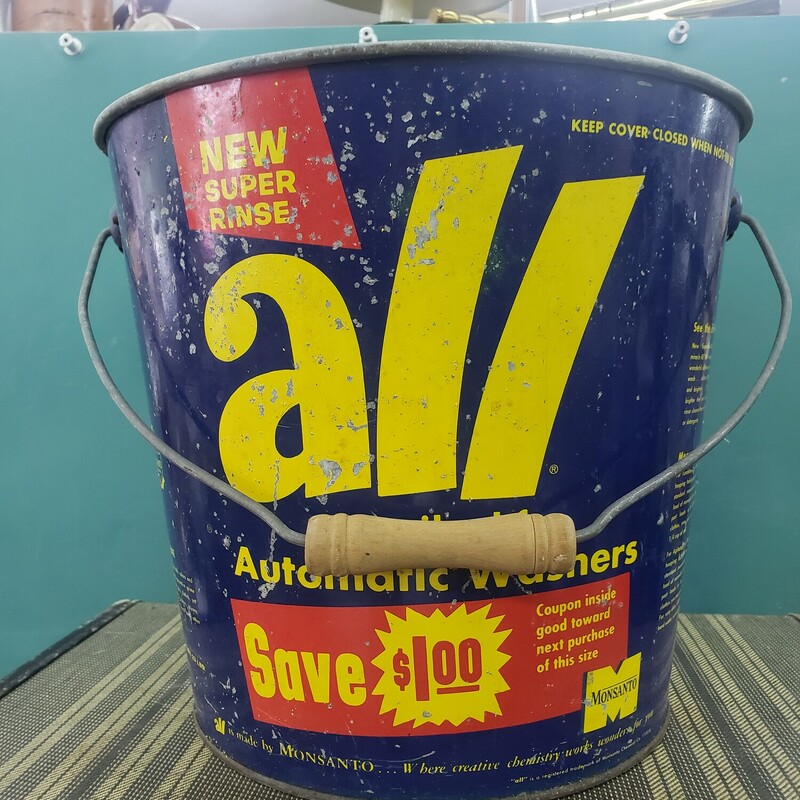 All Detergent Metal Bucket, Blue, 1950s 11.5 in