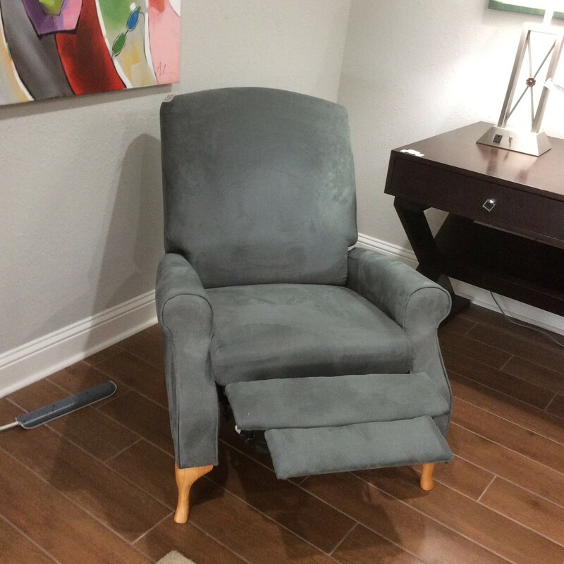This is a small graish-blue reclining chair.
