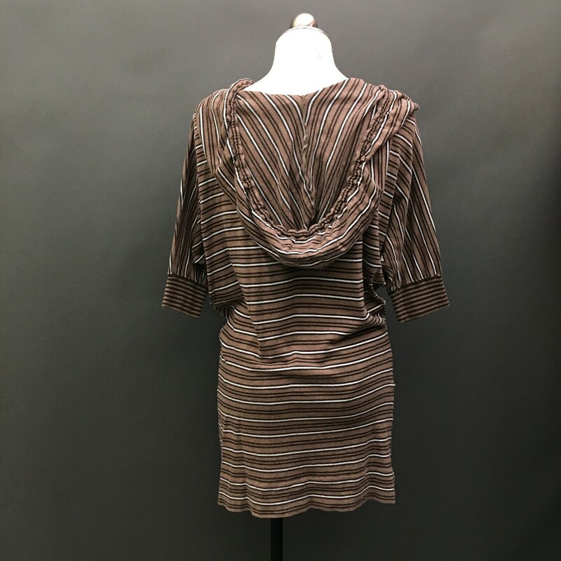 Cotton By Autumn Cashmere, Stripe, Size: L<br />
 cowl neck hoodie with drawstring, short cuffed sleeves, falls to mid thighs, very soft light 100% cotton Italian knit fabric. light brown, dark brown and white horizontal stripes,<br />
Hand wash or Dry clean only<br />
7.3 oz