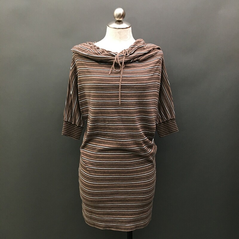 Cotton By Autumn Cashmere, Stripe, Size: L
 cowl neck hoodie with drawstring, short cuffed sleeves, falls to mid thighs, very soft light 100% cotton Italian knit fabric. light brown, dark brown and white horizontal stripes,
Hand wash or Dry clean only
7.3 oz