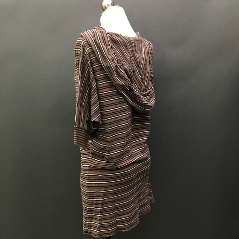 Cotton By Autumn Cashmere, Stripe, Size: L
 cowl neck hoodie with drawstring, short cuffed sleeves, falls to mid thighs, very soft light 100% cotton Italian knit fabric. light brown, dark brown and white horizontal stripes,
Hand wash or Dry clean only
7.3 oz