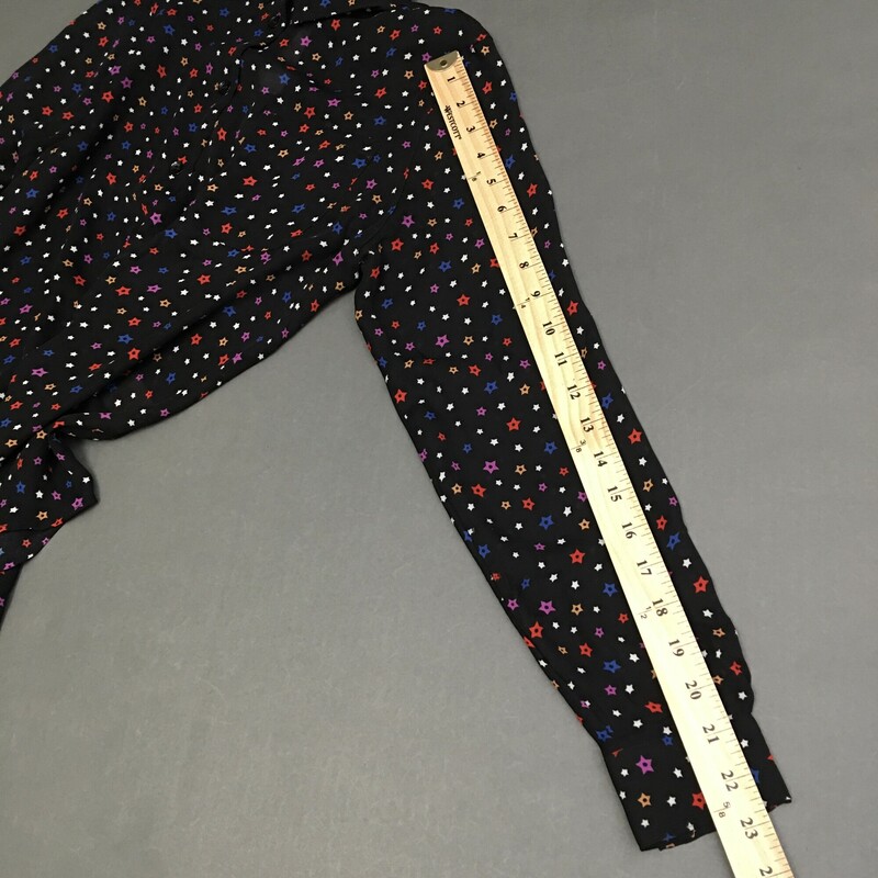 Philosophy Sheer Stars, Black, Size: Small black sheer with red blue purple white and gold star print, 7 button front, cuff button sleeves.<br />
5.6 oz