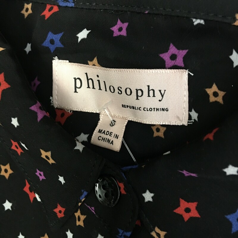 Philosophy Sheer Stars, Black, Size: Small black sheer with red blue purple white and gold star print, 7 button front, cuff button sleeves.<br />
5.6 oz