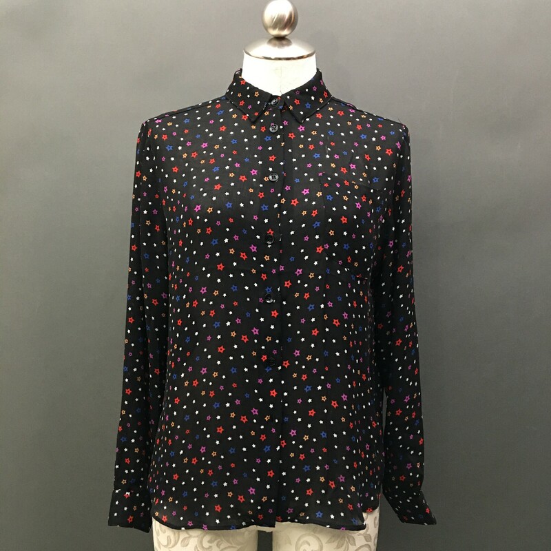 Philosophy Sheer Stars, Black, Size: Small black sheer with red blue purple white and gold star print, 7 button front, cuff button sleeves.
5.6 oz