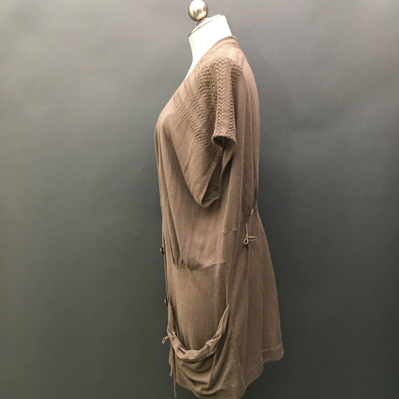 3.1 Phillip Lim, Mousy Brown, Size: M drawstring back, knit ribbed sleeveless, 4 buttons at waist, 2 front pockets,  cardigan,  63% cotton 37% Rayon. Prof dry clean only- cover and protect buttons.<br />
7.2 oz