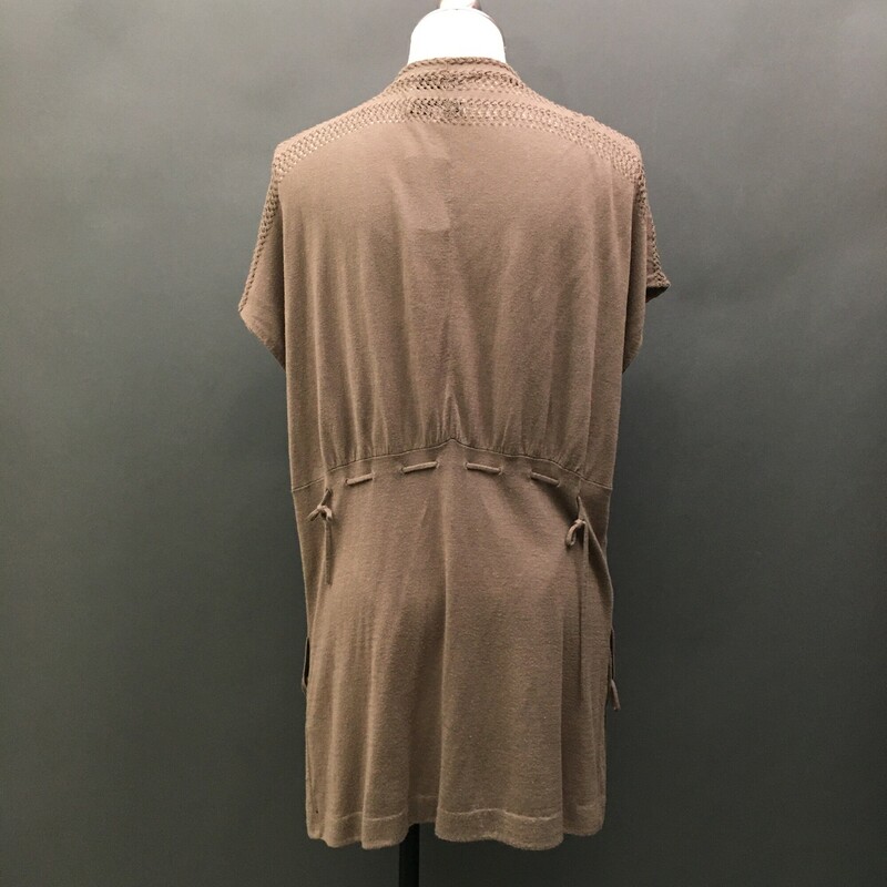 3.1 Phillip Lim, Mousy Brown, Size: M drawstring back, knit ribbed sleeveless, 4 buttons at waist, 2 front pockets,  cardigan,  63% cotton 37% Rayon. Prof dry clean only- cover and protect buttons.
7.2 oz