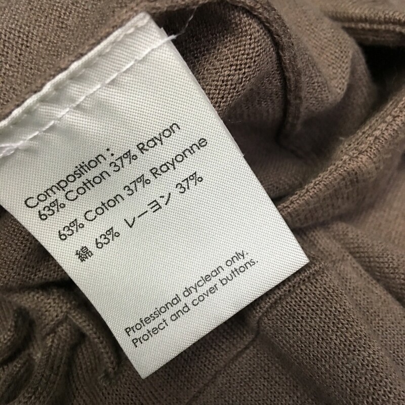 3.1 Phillip Lim, Mousy Brown, Size: M drawstring back, knit ribbed sleeveless, 4 buttons at waist, 2 front pockets,  cardigan,  63% cotton 37% Rayon. Prof dry clean only- cover and protect buttons.<br />
7.2 oz