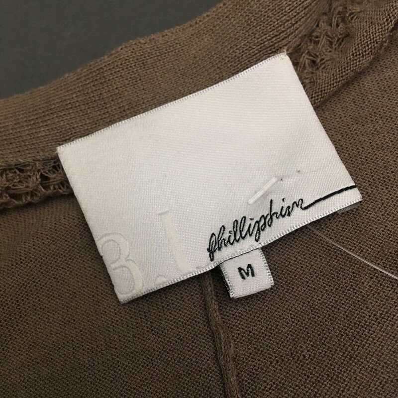 3.1 Phillip Lim, Mousy Brown, Size: M drawstring back, knit ribbed sleeveless, 4 buttons at waist, 2 front pockets,  cardigan,  63% cotton 37% Rayon. Prof dry clean only- cover and protect buttons.
7.2 oz