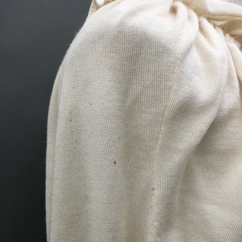 Nina Ricci Cashmere, Beige, Size: Large 70% cashmere, 30% cashmere silk, elegant ruffle ribbon neckline ties in back, long sleeves, beautiful tapered bodice. There are very small spots on upper right shoulder, barely visible, see photos.<br />
5.7 oz