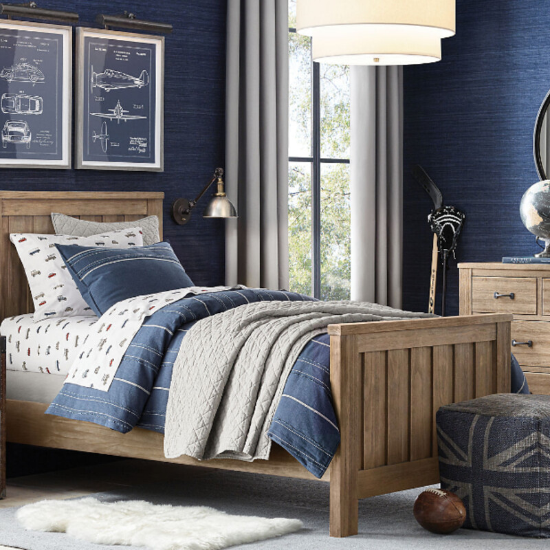 Restoration Hardware Kenwood Twin Bed
Driftwood Taupe Wood Headboard Footboard Rails and Slats
Planked panels borrow from the vernacular architecture of old American barns.
Overall Size  44½W x 81L x 50H
Headboard: 44½W x 2½D x 50H
Footboard: 44½W x 2½D x 30H
Clearance Under Bed: 7½H
Weight: 165 lbs.
Weight Capacity: 250 lbs.
RETAIL $1039